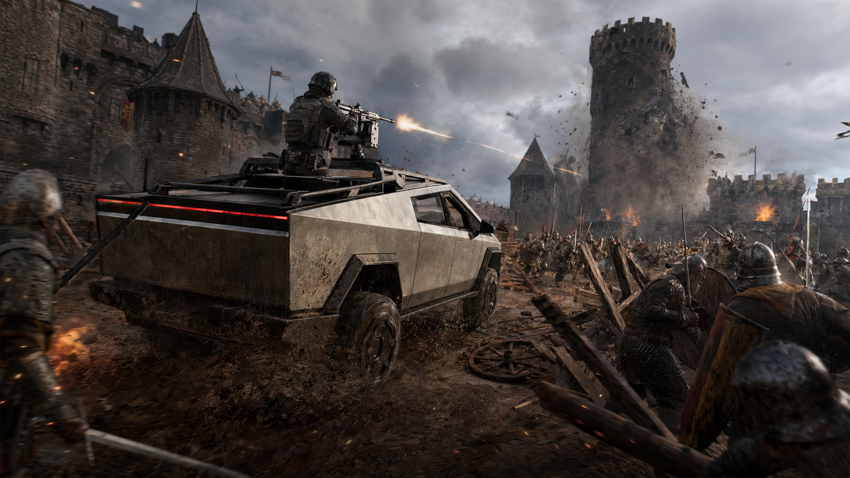 An armored pickup pushes through medieval fighters near castle walls.
